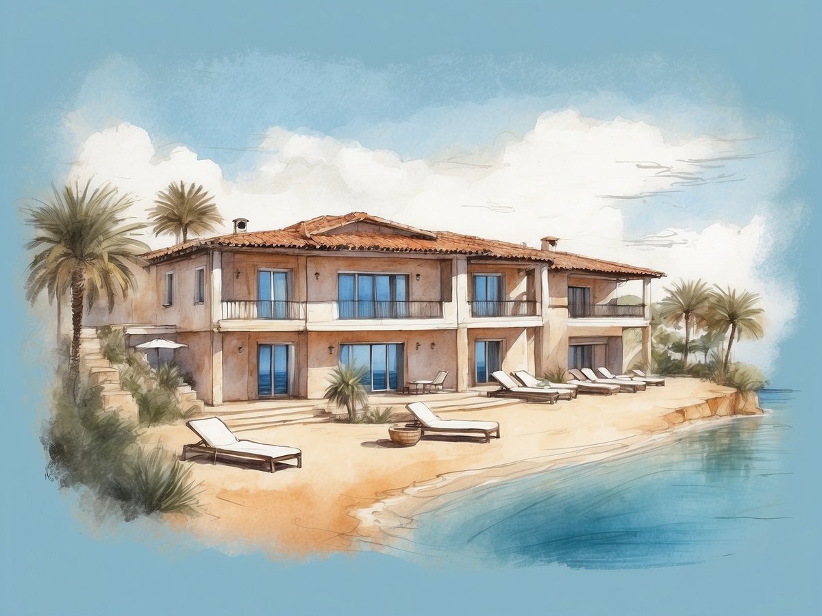 Eine stilisierte Darstellung von The Residences at Victoria Algarve in Portugal. Das Bild zeigt eine mediterrane Villa mit zwei Etagen, umgeben von Palmen und einem schönen Sandstrand. Vor dem Gebäude befinden sich mehrere Liegen und ein runder Tisch, die zum Entspannen einladen. Die großen Fenster der Villa erlauben einen Blick auf das Wasser, das in sanften Blautönen schimmert. Der Himmel ist klar mit einigen Wolken.