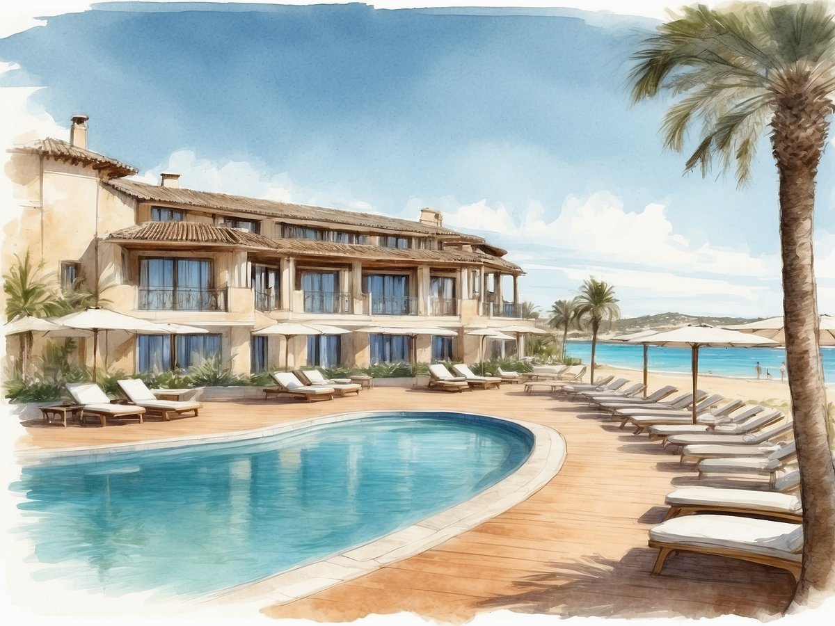 Das Bild zeigt das Tivoli Alvor Algarve Resort in Portugal. Im Vordergrund befindet sich ein einladender Pool, umgeben von Liegen mit weißen Auflagen. Im Hintergrund sieht man das Hotelgebäude mit balkonartigen Fenstern und einem charakteristischen Dach. Palmenschatten ergänzen die tropische Atmosphäre, während im Hintergrund das Meer und der Himmel mit wenigen Wolken zu sehen sind. Die gesamte Szenerie strahlt einen entspannten und luxuriösen Urlaubsort aus.