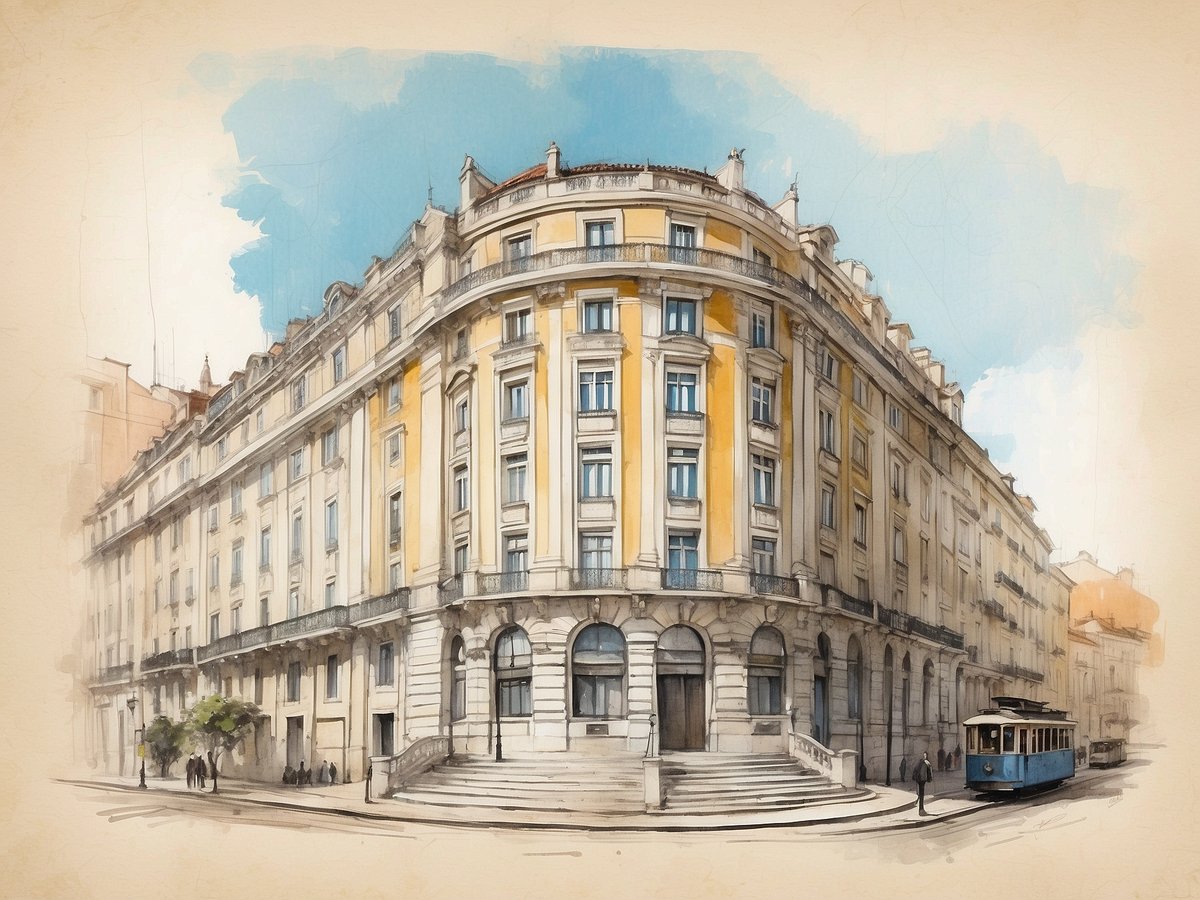 Ein historisches Gebäude an der Avenida Liberdade in Lissabon mit einer markanten, gelben Fassade. Die Architektur zeigt eine geschwungene Ecke und große Fenster mit Balkonen. Vor dem Gebäude stehen Menschen und ein Straßenbahnwagen in Blau fährt entlang der Straße. Der Himmel ist hellblau mit einigen Wolken, und die Szene vermittelt eine angenehme, belebte Atmosphäre.