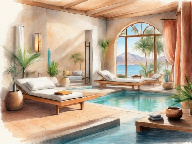 Auf dem Bild ist ein entspannender Wellnessbereich zu sehen. Es gibt bequeme Liegen, auf denen man sich ausruhen kann, und ein kleiner Pool, ideal für Erholung und Entspannung. Die großen Fenster bieten einen schönen Ausblick auf die Natur und das Wasser, während Pflanzen für eine beruhigende Atmosphäre sorgen. Dieser Raum eignet sich hervorragend für Freizeitaktivitäten wie Wellnessbehandlungen, Yoga oder einfach nur zum Entspannen und Abschalten vom Alltag.