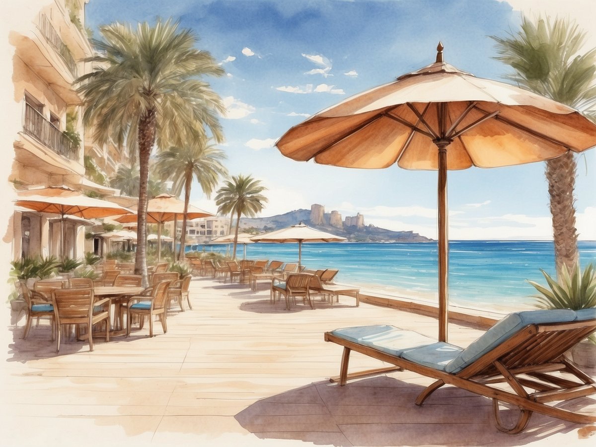 Ein malerischer Blick auf die Terrasse des allsun Hotels Bahia del Este in Mallorca, Spanien. Die Terrasse ist mit bequemen Liegestühlen und Sonnenschirmen ausgestattet, umgeben von tropischen Palmen. Im Hintergrund erstreckt sich das glitzernde Wasser des Meeres und die sanften Wellen. Einige Tische mit Stühlen laden zum Verweilen ein, während der Himmel klar und sonnig ist, was eine entspannende Urlaubsatmosphäre schafft.