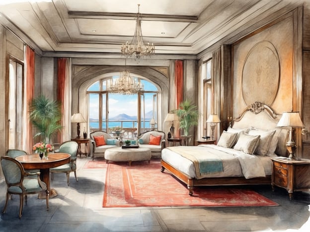 Das Bild zeigt eine elegante und luxuriöse Hotellobby oder ein Zimmer, das eine harmonische Mischung aus klassischen und modernen Designelementen aufweist. Charakteristisch sind die großen Fenster, die viel natürliches Licht hereinzulassen und einen Blick auf eine malerische Landschaft gewähren. Die Einrichtung umfasst einen stilvollen Bettbereich mit hochwertigen Möbeln, einem runden Tisch und komfortablen Stühlen.

In Bezug auf das NH Hotels Collection Bogotá Teleport Royal handelt es sich um ein gehobenes Hotel, das eine Kombination aus Komfort und Eleganz bietet. Die Zimmer sind großzügig gestaltet und verfügen über alle Annehmlichkeiten, die für einen angenehmen Aufenthalt erforderlich sind. Das Hotel bietet zudem einen exzellenten Service und liegt in einer zentralen Lage, ideal für Geschäfts- und Urlaubsreisende. Die Atmosphäre spiegelt eine Mischung aus lokaler Kultur und internationalem Flair wider.