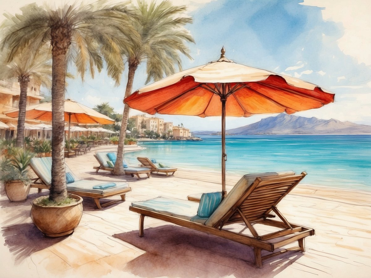 Ein malerischer Blick auf den Außenbereich des allsun Hotels Eden Playa auf Mallorca mit Sonnenliegen und einem roten Sonnenschirm am Rand des Pools. Im Hintergrund ist das glitzernde, türkisfarbene Wasser des Meeres zu sehen, umgeben von Palmen und einer sanften Berglandschaft. Die Atmosphäre strahlt Entspannung und Urlaubsfeeling aus, ideal für einen sonnigen Tag am Strand.