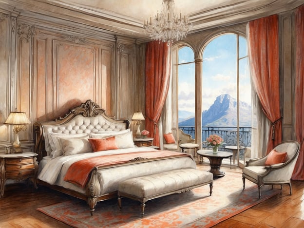 Auf dem Bild ist ein elegantes Schlafzimmer zu sehen. Es handelt sich um eine luxuriöse Suite mit einem großen, geschmackvoll gestalteten Bett, das mit Kissen und einem Überwurf dekoriert ist. Neben dem Bett stehen Nachttische mit Lampen. Die Suite hat hohe Fenster mit prachtvollen Vorhängen, die einen Blick auf die Berge ermöglichen. Ein schöner Tisch steht in der Mitte des Raumes, auf dem eine Blumenvase steht. Die Wände sind kunstvoll verziert und der Boden ist aus edlem Holz. Alles in diesem Zimmer strahlt eine opulente und einladende Atmosphäre aus.