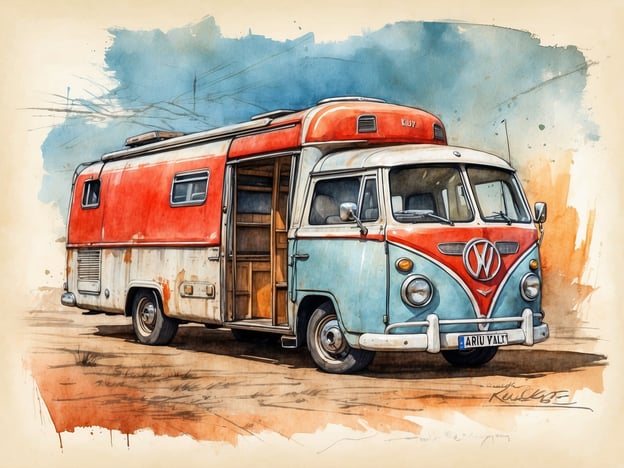 Auf dem Bild ist ein farbenfroher VW-Bus zu sehen, der im Vintage-Stil gehalten ist. Dieser Bus symbolisiert das Gefühl von Freiheit und Reisen, das perfekt zu einem Ausflug auf die Insel Rügen passt. 

Rügen ist bekannt für ihre kulinarische Vielfalt, die von frischen Meeresfrüchten bis hin zu regionalen Spezialitäten reicht. Wenn man einen Roadtrip mit einem solchen Bus unternimmt, könnte man zum Beispiel herrlichen Fisch aus den Küstenrestaurants oder die berühmte Rügener Sanddornprodukte genießen. Solch eine Reise wäre eine wunderbare Gelegenheit, die lokalen Märkte und die vielfältige Gastronomie der Insel zu erkunden.