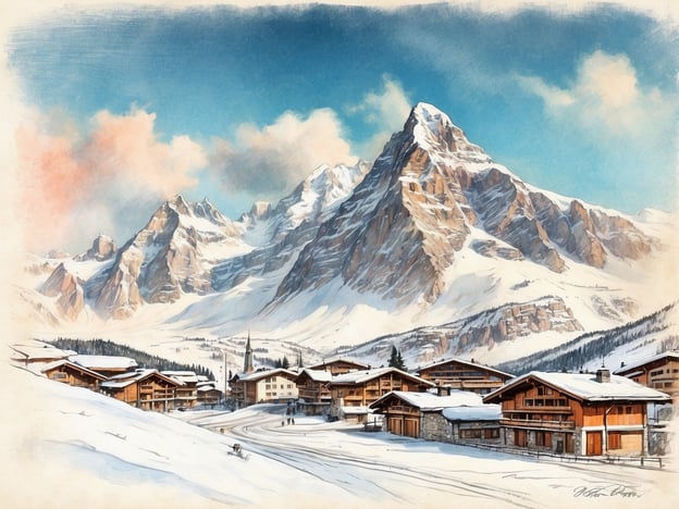 Auf dem Bild ist eine malerische Winterlandschaft mit schneebedeckten Bergen und traditionellen Berghütten zu sehen. Solche Ansichten sind typisch für beliebte Skigebiete in Europa. Mögliche Orte könnten die Alpenregionen in Ländern wie der Schweiz, Österreich oder Frankreich sein, wie zum Beispiel Zermatt, St. Anton oder Chamonix. Die ruhige Atmosphäre und die beeindruckenden Berge laden zu Wintersportaktivitäten wie Skifahren und Snowboarden ein.