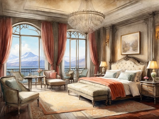 Auf dem Bild ist ein elegantes Hotelzimmer zu sehen, das mit einem großen Bett, stilvollen Möbeln und einer beeindruckenden Aussicht durch große Fenster ausgestattet ist. Die Einrichtung vermittelt ein luxuriöses Ambiente, mit einem kristallenen Kronleuchter und sanften Farben.

Im Kontext der NH Hotels Collection in Budapest City Center können solche Zimmer eine hervorragende Ausstattung bieten, die Komfort und Eleganz vereint. Diese Hotels sind bekannt für ihre zentrale Lage, die es Gästen ermöglicht, die Sehenswürdigkeiten der Stadt bequem zu erkunden. Die Zimmer sind oft modern eingerichtet und bieten zahlreiche Annehmlichkeiten, um den Aufenthalt so angenehm wie möglich zu gestalten.