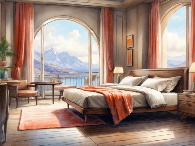 Auf dem Bild ist ein gemütliches Schlafzimmer mit einer beeindruckenden Aussicht auf die Berge zu sehen. Die Zimmerausstattung umfasst:

- Ein großes Bett mit mehreren Kissen und einer warmen Decke.
- Ein holzfarbener Nachttisch neben dem Bett.
- Eine kleine Lampe auf dem Nachttisch.
- Ein Teppich in sanften Farben.
- Ein runder Tisch mit zwei Stühlen.
- Eine Pflanze auf einem Tisch und ein weiteres Fenster, das der Aussicht viel Licht verleiht.
- Große Fenster mit Vorhängen, die eine schöne Aussicht auf die Berge ermöglichen.

Die gesamte Atmosphäre wirkt einladend und entspannend.