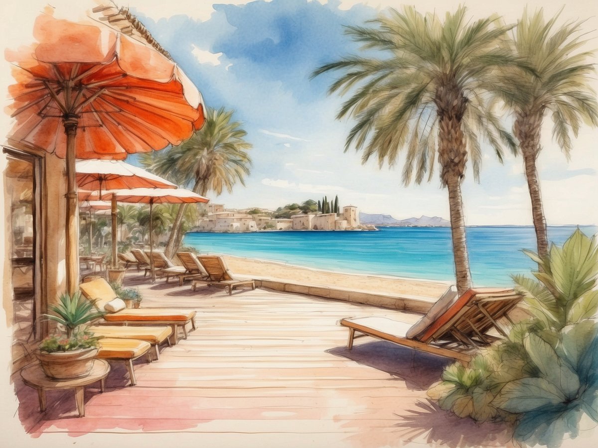 Eine malerische Aussicht auf die Küste von Mallorca mit einem schönen Sandstrand und klarem, blauem Wasser. Im Vordergrund stehen Liegestühle und Sonnenschirme in warmen, sonnigen Farben. Palmen rahmen die Szenerie ein und sorgen für eine tropische Atmosphäre. Die Architektur im Hintergrund zeigt typische mediterrane Gebäude, die den Charme der Region unterstreichen.
