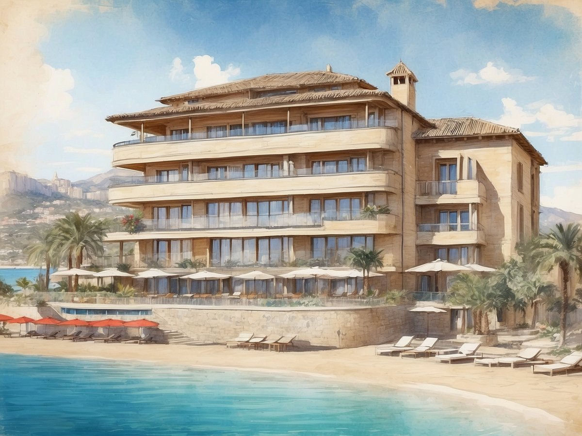 Das Bild zeigt das allsun Hotel Lux de Mar in Mallorca, Spanien. Das elegante Gebäude hat mehrere Etagen mit großen Fenstern und Balkonen, umgeben von Palmen und Sonnenliegen am Strand. Im Vordergrund sind rote Sonnenschirme und Liegen auf dem Sand, während das klare Wasser des Meeres sanft an die Küste schlägt. Im Hintergrund erstrecken sich sanfte Hügel und ein blauer Himmel mit ein paar Wolken.