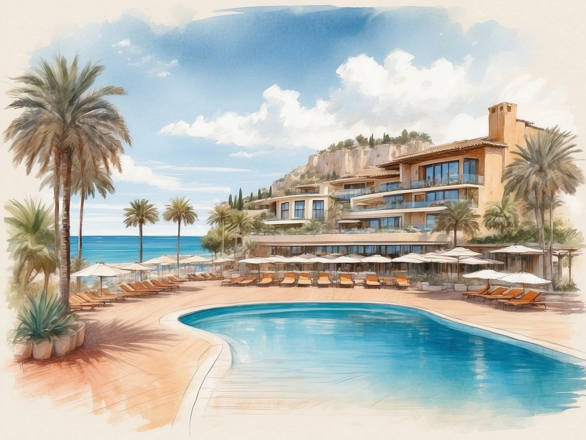 Eine malerische Ansicht des allsun Hotels Marena Beach in Mallorca, Spanien. Im Vordergrund befindet sich ein einladender Pool, umgeben von komfortablen Liegen und Sonnenschirmen. Palmen und tropische Pflanzen verleihen der Szene ein florales Ambiente. Im Hintergrund erstreckt sich das Hotelgebäude mit großen Fenstern und terrassenartigen Balkonen, während das türkisfarbene Meer in der Ferne leuchtet und der Himmel mit sanften Wolken durchzogen ist.