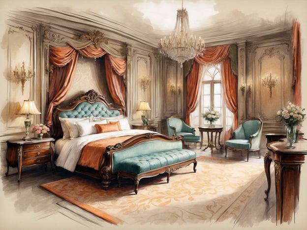 Auf dem Bild ist ein elegantes und luxuriös eingerichtetes Zimmer zu sehen. Der Raum verfügt über ein großes Bett mit einer auffälligen, gepolsterten Kopfteil, umgeben von opulenten Vorhängen. An den Seiten des Bettes stehen stilvolle Nachttische mit Tischlampen. In der Ecke des Raumes befinden sich bequeme Sessel und ein Tisch. Der Raum ist geschmackvoll dekoriert mit Blumen und einem schönen Teppich, was eine einladende und harmonische Atmosphäre schafft. Dies könnte dem luxuriösen Stil der Zimmer und Suiten im NH Hotels Collection Buenos Aires Jousten entsprechen, die für ihre Eleganz und Komfort bekannt sind.