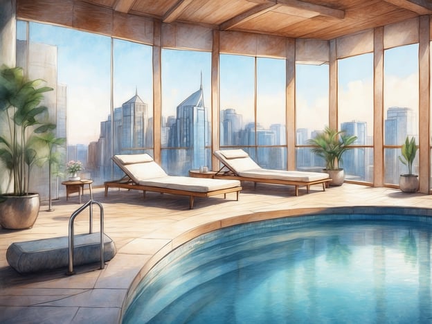 Auf dem Bild ist ein luxuriöser Wellnessbereich mit einem Pool und Liegen zu sehen, umgeben von großen Fenstern, die einen herrlichen Blick auf die Skyline bieten. Im NH Hotels Collection Buenos Aires Jousten können Gäste ähnliche Freizeit- und Wellnessangebote genießen, wie zum Beispiel entspannende Spa-Behandlungen, einen modernen Fitnessbereich sowie eine Sauna, die für Erholung und Wohlbefinden sorgen. Auch der poolartige Bereich lädt zur Entspannung ein und bietet einen idealen Rückzugsort, um den Alltag hinter sich zu lassen.