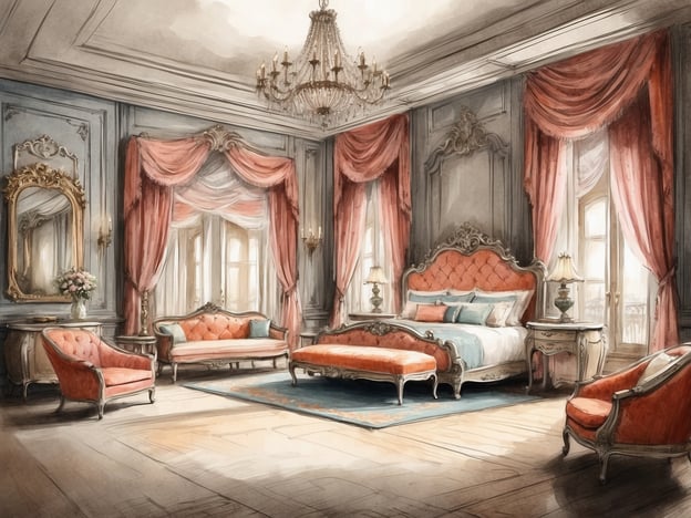 Auf dem Bild ist ein elegantes Schlafzimmer zu sehen, das durch seine opulente Gestaltung besticht. Die einzigartigen Zimmer und Suiten sind mit aufwendigen Vorhängen in sanften Rosatönen dekoriert, die Atmosphäre vermittelt Luxus und Komfort. Ein großes, gepolstertes Bett steht im Mittelpunkt des Raumes, umgeben von stilvollen Möbeln, die das Design harmonisch abrunden. Ein Kronleuchter hängt von der Decke und sorgt für eine gemütliche Beleuchtung. Die großen Fenster lassen viel Tageslicht herein und bieten einen Blick nach draußen, wodurch der Raum noch einladender wirkt.