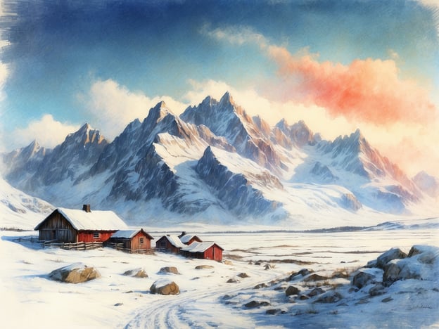 Auf dem Bild ist eine beeindruckende Winterlandschaft mit schneebedeckten Bergen und rustikalen Häusern zu sehen. Die sanften Farben des Himmels, von einem blassen Blau bis hin zu warmen orangefarbenen Tönen, verleihen der Szene eine ruhige Atmosphäre.

Hier sind einige Geheimtipps, um ähnliche Landschaften abseits der Massen zu erleben:

1. **Norwegen**: Abseits der beliebten Fjorde gibt es versteckte Täler und kleine Dörfer, die eine unberührte Natur bieten, wie z.B. das Jotunheimen-Gebiet.

2. **Österreich**: Anstatt in überfüllte Skigebiete zu gehen, erkunden Sie kleinere Alpendörfer wie Obergurgl, die weniger touristisch sind und dennoch eine atemberaubende Schneelandschaft bieten.

3. **Schweden**: Besuchen Sie die Region Åre im Winter, um eine friedliche Atmosphäre zu genießen, während Sie die enorme Schönheit der schneebedeckten Wälder und Berge um Sie herum erleben.

4. **Schottland**: Weniger bekannt sind die schneebedeckten Highlands, wo Sie unberührte Natur und charmante Cottages finden können – eine friedliche Zuflucht im Winter.

5. **Kanada**: Die Region um die Rocky Mountains abseits der großen Tourismuszentren, wie in Yoho Nationalpark,