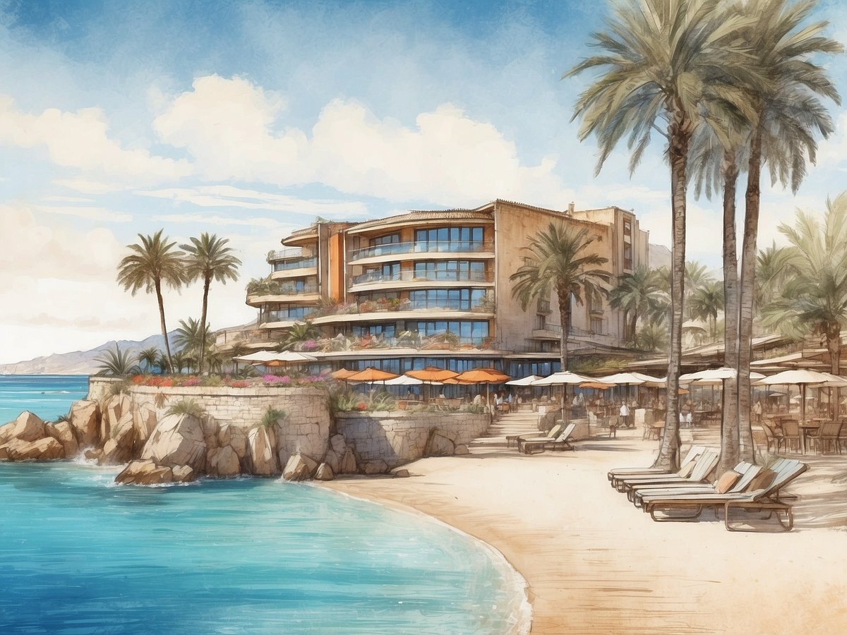 Das Bild zeigt das Allsun Hotel Pil-Lari Playa in Mallorca, Spanien. Im Vordergrund ist ein schöner Sandstrand mit zwei Liegen zu sehen. Das Wasser ist kristallklar und schimmert in einem hellen Blau. Im Hintergrund erhebt sich das Hotelgebäude, das moderne Architekturelemente aufweist und von Palmen sowie bunten Blumen umgeben ist. Sonnenschirme und Tische deuten auf einen gemütlichen Außenbereich hin, der ideal für Urlauber ist. Der Himmel ist klar und strahlt eine entspannte Urlaubsatmosphäre aus.