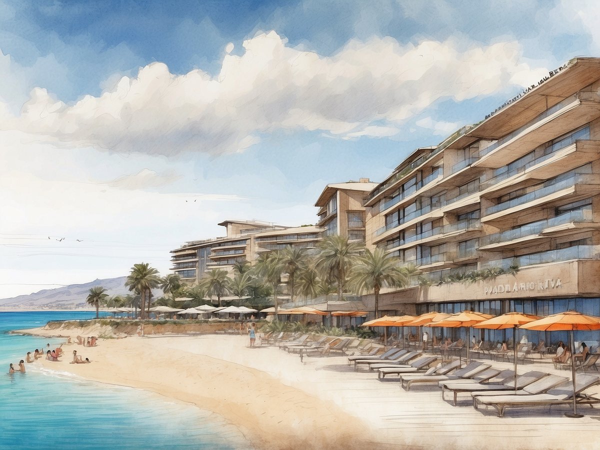 Das Bild zeigt das allsun Hotel Riviera Playa in Mallorca, Spanien. Die moderne Hotelarchitektur erstreckt sich entlang der Strandpromenade und wird von Palmen gesäumt. Im Vordergrund ist der feine Sandstrand mit Gästen zu sehen, die im Wasser spielen oder sich am Strand entspannen. Liegen mit orangefarbenen Sonnenschirmen stehen aufgereiht, während im Hintergrund das klare, türkisfarbene Wasser des Mittelmeers und ein blauer Himmel mit einigen Wolken zu sehen sind.