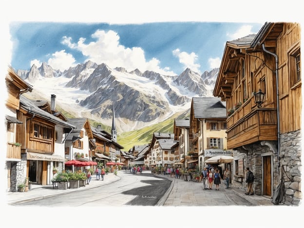 Auf dem Bild ist eine malerische Straße in einem alpinen Dorf zu sehen, möglicherweise Andermatt. Die Szenerie zeigt traditionell gestaltete Holzhäuser mit schönen Balkonen und Blumenschmuck, umgeben von majestätischen Bergen. Im Hintergrund sind hohe, schneebedeckte Gipfel sichtbar, die typisch für die Region sind. Ein Kirchturm ragt zwischen den Gebäuden hervor. Menschen schlendern durch die Straße, und einige sitzen an Tischen mit roten Sonnenschirmen, was auf eine einladende, lebendige Atmosphäre hinweist.

Die Geschichte von Andermatt ist reich an Traditionen und Kultur. Das Dorf hat sich im Laufe der Jahre von einem kleinen Alpendorf zu einem beliebten Touristenziel entwickelt, bekannt für seine atemberaubende Natur und seine winterlichen Freizeitmöglichkeiten. Andermatt ist ein wichtiger Knotenpunkt für Wanderer und Skifahrer und bietet eine faszinierende Mischung aus alter alpine Architektur und modernen Annehmlichkeiten.