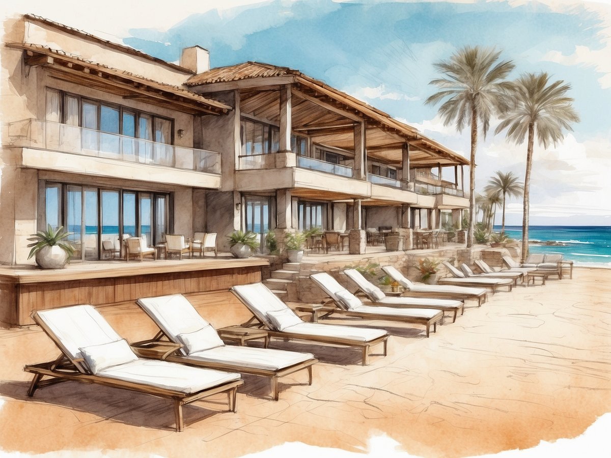 Das Bild zeigt die elegante Außenansicht des Allsun Hotels Esquinzo Beach auf Fuerteventura, Spanien. Im Vordergrund sind gemütliche Liegen mit weißen Auflagen auf einem sandigen Boden aufgestellt. Die im Hintergrund sichtbare Hotelarchitektur ist modern und verfügt über große Fenster, die den Blick auf das Meer ermöglichen. Palmen säumen die Hotelterrasse, und der strahlend blaue Himmel schafft eine entspannte Urlaubsatmosphäre.