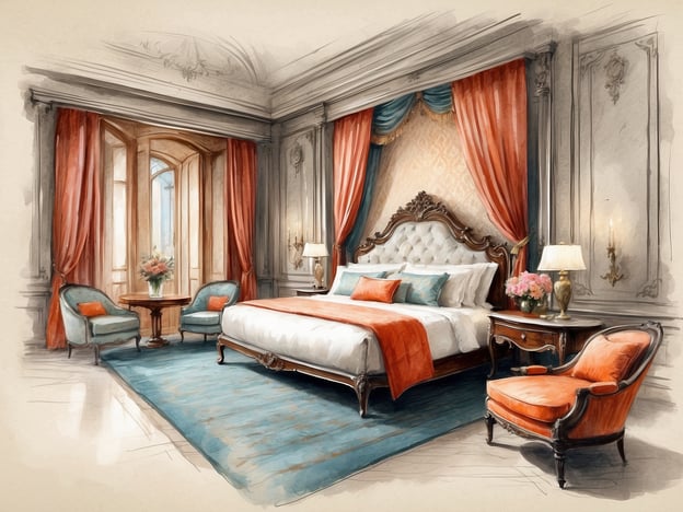 Auf dem Bild ist ein elegantes Schlafzimmer zu sehen, das einen luxuriösen und klassischen Stil vermittelt. Es gibt ein großes Bett mit einer stilvollen Kopfteilgestaltung, das mit weißen und orangen Kissen dekoriert ist. 

Die Wände sind geschmackvoll mit Vorhängen in einem warmen Rotton geschmückt, und große Fenster lassen viel Tageslicht herein. 

Zusätzlich sind zwei komfortable Sessel und ein kleiner Tisch auf dem Boden platziert, ideal für entspannende Momente. Eine stilvolle Lampe und ein Blumenarrangement auf einem Nachttisch sorgen für eine gemütliche Atmosphäre. 

Insgesamt vermittelt der Raum ein Gefühl von Eleganz und Komfort und ist ideal für erholsame Nächte und gemütliche Stunden.