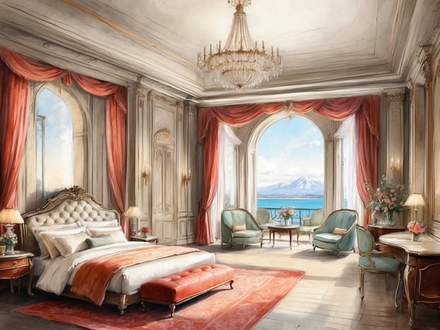 Auf dem Bild ist eine luxuriöse Suite zu sehen. Der Raum ist großzügig gestaltet und enthält ein großes Bett mit eleganter Bettwäsche. An den Wänden hängen opulente Vorhänge in warmen Farbtönen. Zusätzlich gibt es gemütliche Sitzgelegenheiten mit stilvollen Möbeln und einem Tisch. Große Fenster bieten einen malerischen Blick auf eine Landschaft mit Bergen und Wasser. Die gesamte Einrichtung strahlt Eleganz und Komfort aus, was die Suite zu einem ansprechenden Rückzugsort macht.