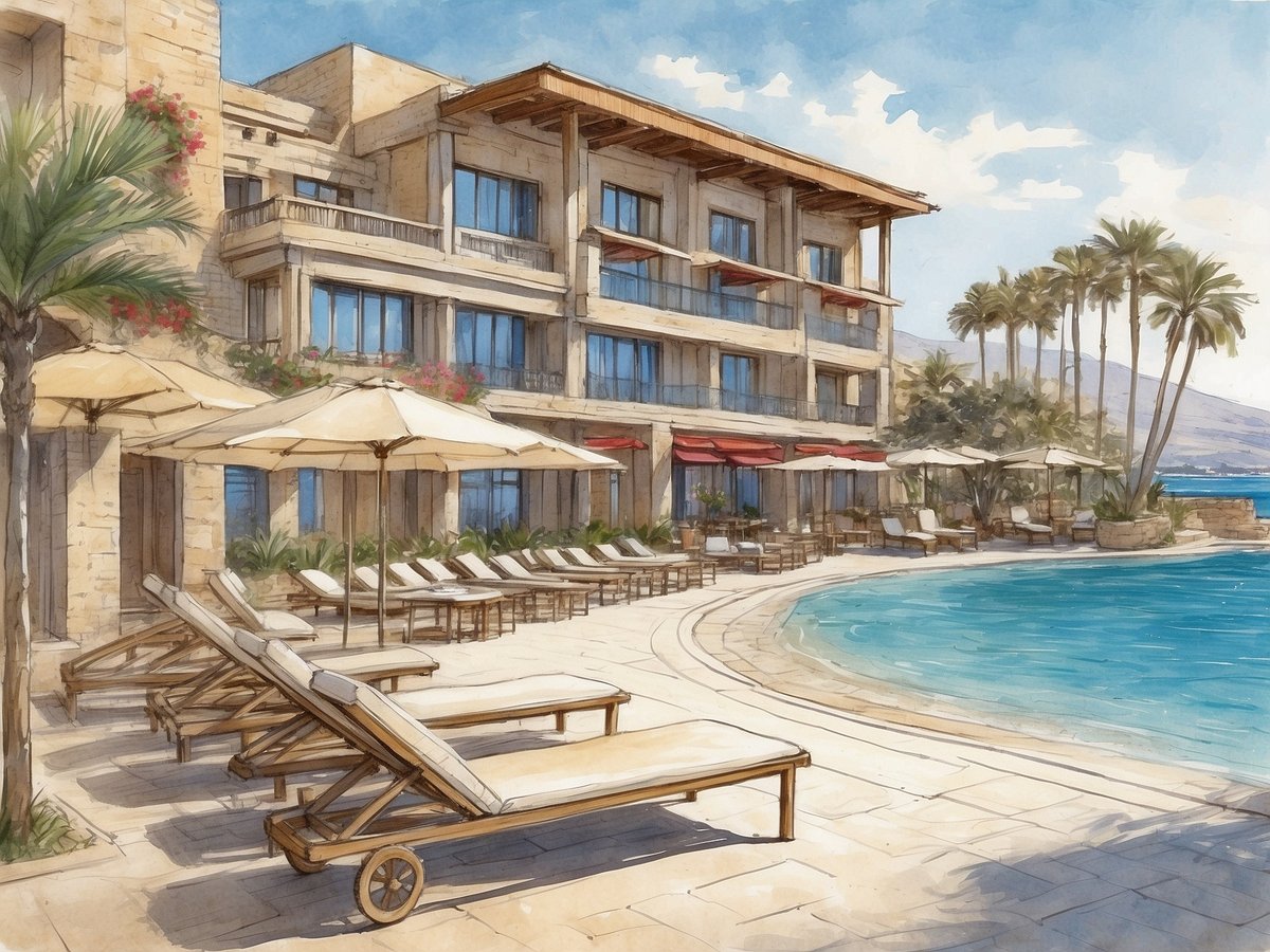 Das Bild zeigt das Allsun Hotel Carolina Mare auf Kreta, Griechenland. Im Vordergrund sind mehrere Liegen angeordnet, die unter Sonnenschirmen stehen. Der Außenbereich des Hotels ist hell und einladend gestaltet, mit großen Fenstern und blühenden Pflanzen. Hinter den Liegen führt eine gepflasterte Terrasse zu einem klaren Pool, der sanft in die Umgebung übergeht. Im Hintergrund sind Palmen und eine hügelige Landschaft zu sehen, während der Himmel mit einigen Wolken in sanften Farben leuchtet.