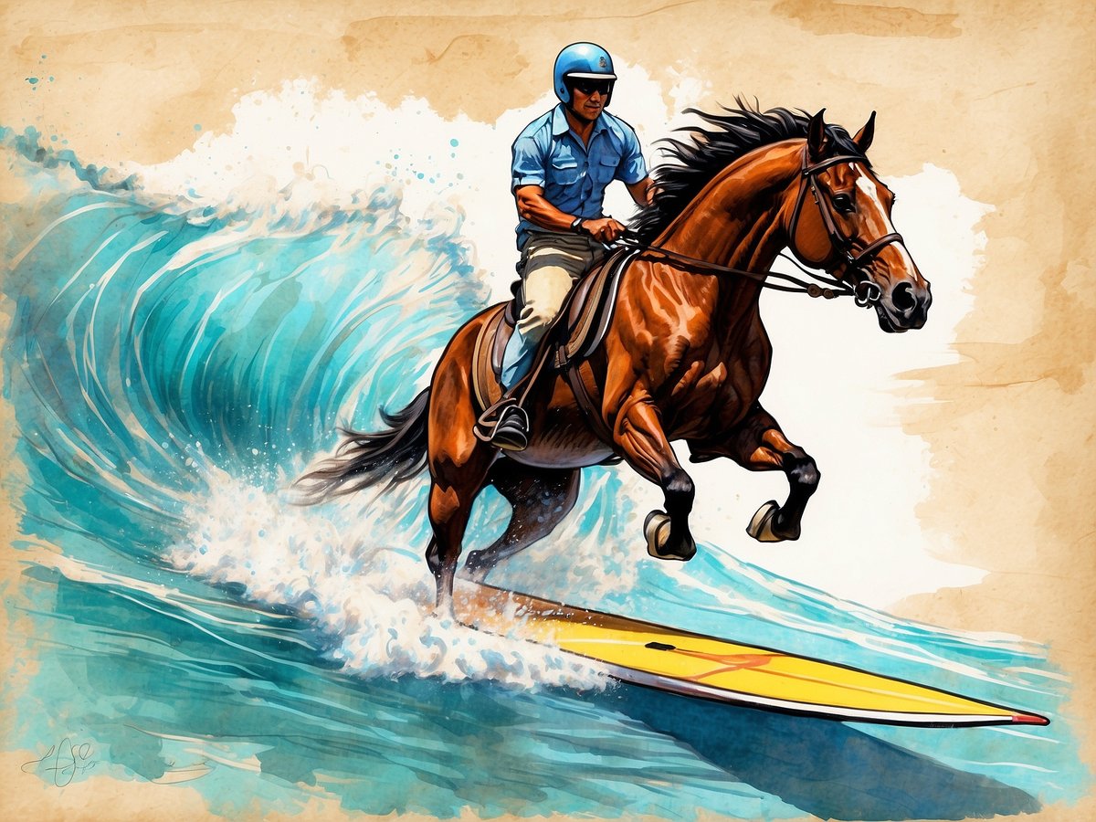 Ein Mann reitet auf einem braunen Pferd, das auf einer Welle reitet, während das Wasser spritzt. Der Mann trägt einen blauen Helm und ein Oberteil mit kurzen Ärmeln. Unter ihm liegt ein gelbes Surfbrett, das teilweise in der Welle verborgen ist. Die Welle ist hoch und brechend, und im Hintergrund ist eine leichte, hellbraune Textur zu sehen, die den Eindruck eines alten Papiers erweckt. Diese Darstellung kombiniert Elemente des Wellenreitens und des Surfens auf kreative Weise.