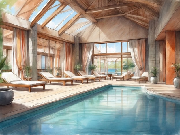 Auf dem Bild sind die Wellness- und Freizeiteinrichtungen eines modernen Spa- oder Wellnessbereichs zu sehen. Es gibt einen Pool, Liegen, große Fenster mit natürlichem Licht und Pflanzen, die eine entspannende Atmosphäre schaffen. Die Kombination aus Holz- und Glaselementen trägt zu einem offenen und luftigen Design bei, ideal für Erholung und Entspannung.