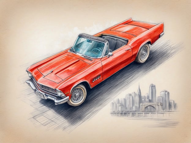 Auf dem Bild ist ein roter Oldtimer zu sehen, ein Cabriolet mit einer eleganten Form und einem klassischen Design. Im Hintergrund ist eine stilisierte Darstellung einer Stadtlandschaft zu erkennen, die an eine Metropole erinnert. 

Für besondere Angebote und Events könnten beispielsweise Oldtimer-Treffen, Autoausstellungen oder spezielle Führungen durch Automobilmuseen in Betracht gezogen werden, die sich auf solche klassischen Fahrzeuge fokussieren. Diese Veranstaltungen bieten oft die Möglichkeit, mehr über die Geschichte der Autos zu erfahren und sie aus nächster Nähe zu bewundern.