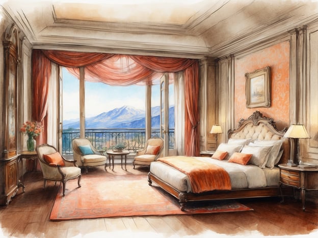 Auf dem Bild ist ein elegantes Zimmer zu sehen, das als Suite gestaltet ist. Es gibt ein großes Bett mit feiner Bettwäsche und dekorativen Kissen. Der Raum ist hell und luftig, mit großen Fenstern, die einen Blick auf die Berge erlauben. Die Fenster sind mit roten Vorhängen geschmückt, und im Raum stehen bequeme Sessel und ein kleiner Tisch. Zudem sind stilvolle Möbel und eine charmante Dekoration auf den Wänden zu erkennen. Dieses Ambiente vermittelt ein Gefühl von Luxus und Komfort.