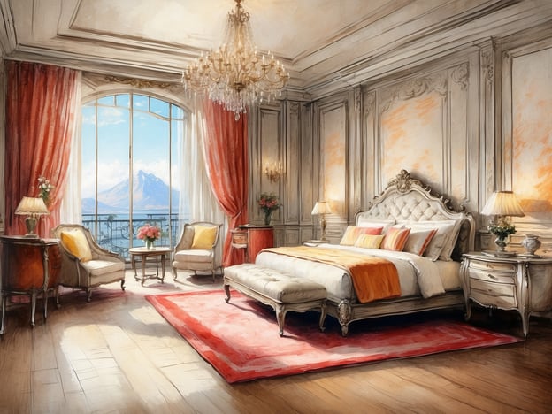 Auf dem Bild ist ein luxuriöses Schlafzimmer zu sehen. Die Annehmlichkeiten und Details umfassen:

- **Bett**: Ein großes, opulentes Bett mit einer gepolsterten Kopfstütze und bunten Kissen.
- **Möbel**: Stilvolle Sessel und ein kleiner Tisch in der Mitte des Raumes.
- **Fenster**: Große Fenster, die viel natürliches Licht hereinlassen und einen Blick auf eine wunderschöne Landschaft mit Bergen bieten.
- **Teppich**: Ein eleganter Teppich in sanften Farben, der den Raum ergänzt.
- **Beleuchtung**: Ein prächtiger Kronleuchter und Tischlampen sorgen für stimmungsvolle Beleuchtung.
- **Dekoration**: Blumenvasen und geschmackvolle Deko-Elemente verleihen dem Raum eine einladende Atmosphäre.

Insgesamt strahlt der Raum Eleganz und Komfort aus.