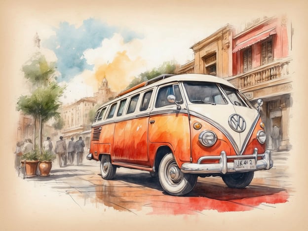 Auf dem Bild ist ein orange-weißer VW-Bus zu sehen, der in einer urbanen Umgebung steht. Die Szenerie scheint lebhaft und einladend zu sein, mit Menschen, die im Hintergrund spazieren. Solche historischen VW-Busse sind oft mit Reisen und Abenteuer verbunden, und sie könnten nostalgische Erinnerungen an Roadtrips und das Entdecken neuer Orte hervorrufen.

In der Umgebung könnte es zahlreiche kulturelle und kulinarische Erlebnisse geben. Man kann sich vorstellen, dass in den nahegelegenen Cafés und Restaurants lokale Spezialitäten angeboten werden, die typisch für die Region sind. Vielleicht werden dort traditionelle Gerichte serviert, die aus frischen, regionalen Zutaten zubereitet werden, während Straßenmusik und lokale Kunst das Ambiente bereichern. Solch eine Atmosphäre lädt dazu ein, die lokale Kultur hautnah zu erleben und die Vielfalt der kulinarischen Angebote zu genießen.