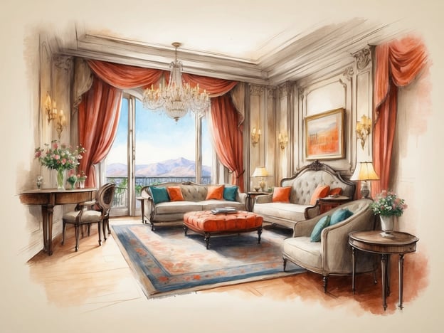 Auf dem Bild ist ein stilvolles Wohnzimmer in einer Suite zu sehen. Der Raum ist elegant eingerichtet mit einem großen Fenster, das einen Blick auf die Berge ermöglicht. Es gibt ein gemütliches Sofa mit auffälligen Kissen, einen zentralen Hocker sowie einen Tisch. An den Wänden hängen kunstvolle Gemälde, und die Dekoration umfasst einen Kronleuchter und Lampen, die eine warme Atmosphäre schaffen. Blumenarrangements vervollständigen das einladende Ambiente der Suite.