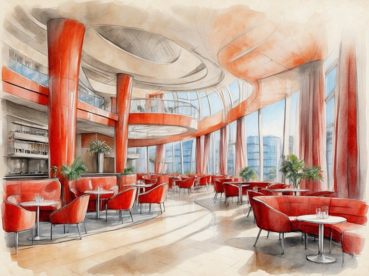 Das Bild zeigt das stilvolle Restaurant oder Café im Leonardo Hotel Berlin mit einer modernen Architektur. Die Einrichtung ist geprägt von roten Stühlen und Tischen, die in einer harmonischen Anordnung platziert sind. Große Fenster lassen viel Tageslicht herein und bieten einen Blick auf die umliegenden Gebäude. Die Wände sind mit dekorativen Pflanzen geschmückt, und das Gesamtbild vermittelt eine einladende Atmosphäre. Schlichte und elegante Details in der Gestaltung unterstreichen die moderne Ausstrahlung des Raumes.