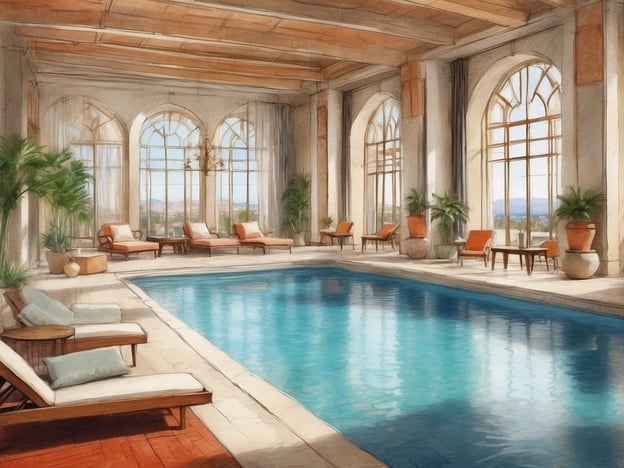 Auf dem Bild ist ein entspannendes Schwimmbad in einem luxuriösen Wellnessbereich zu sehen. Die großen Fenster lassen viel Tageslicht herein und bieten eine Aussicht auf die Natur. Um das Schwimmbecken herum stehen bequeme Liegen, die ideal zum Entspannen einladen. Die Atmosphäre ist ruhig und einladend, perfekt für Erholung und Wellness im NH Hotels Collection Madrid Colon. Grüne Pflanzen tragen zur entspannten Stimmung bei und schaffen eine harmonische Umgebung.