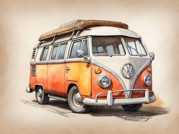 Auf dem Bild ist ein klassischer Volkswagen Bulli zu sehen. Der VW Bulli hat eine auffällige orange-weiße Farbkombination. Er besitzt einen charakteristischen, runden Grill und große Fenster, die viel Licht ins Innere lassen. 

In Bezug auf die Ausstattung könnte dieser Bulli typischerweise mit einer Schlafsitzbank, einem kleinen Kühlschrank und Stauraum für Campingausrüstung ausgestattet sein. Oft haben solche Fahrzeuge auch eine Küchenzeile, die bei Ausflügen nützlich ist. Im Inneren würde man einen gemütlichen, transportablen Raum erwarten, der ideal für Roadtrips ist.