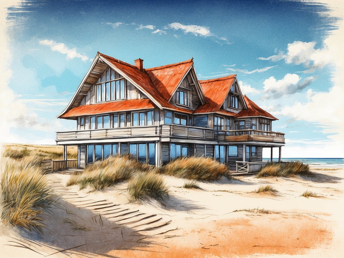 Das Bild zeigt ein großes, elegantes Haus an einem Strand in Wenningstedt-Braderup. Es hat ein markantes, rotes Satteldach und große Fenster, die den Blick auf das Meer ermöglichen. Das Gebäude ist aus Holz gebaut und hebt sich harmonisch von der Umgebung ab. Sanddünen mit grünem Bewuchs umgeben das Haus, während der Himmel klar und blau ist, mit einigen vereinzelten Wolken. Die gesamte Szenerie strahlt eine ruhige und einladende Atmosphäre aus.