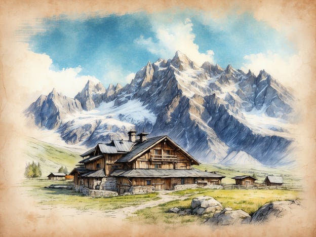 Auf dem Bild ist eine malerische Berglandschaft zu sehen, die an die Region rund um Chamonix erinnert. Im Vordergrund steht ein traditionelles Holzhaus mit einem steilen Dach, umgeben von einer grünen Wiese. Im Hintergrund erheben sich majestätische Berge, die teilweise mit Schnee bedeckt sind, was auf die alpine Umgebung hinweist.

Chamonix hat eine reiche Geschichte, die eng mit dem Alpinismus verbunden ist. Es war einer der ersten Orte in den Alpen, der von Bergsteigern besucht wurde, und es zieht sowohl Abenteurer als auch Touristen an. Die Stadt hat sich zu einem wichtigen Zentrum für Wintersport entwickelt und ist bekannt für ihre spektakulären Aussichten und Herausforderungen in der Natur. Die dargestellte Szenerie könnte sowohl die natürliche Schönheit als auch die kulturelle Bedeutung dieser Region symbolisieren.