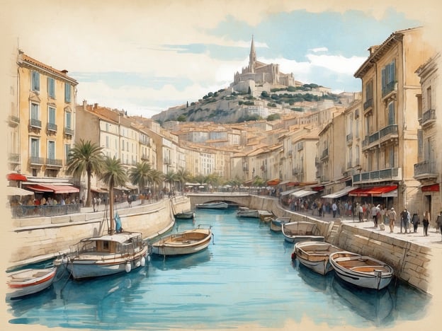 Auf dem Bild ist eine malerische Szene aus Marseille zu sehen, die den alten Hafen und die umliegenden Gebäude zeigt. Die bunten Häuser entlang des Ufers, die zahlreichen Boote im Wasser und die Palmen verleihen der Szenerie ein mediterranes Flair. Im Hintergrund ist eine beeindruckende Kirche auf einem Hügel zu sehen, die wahrscheinlich die Basilika Notre-Dame de la Garde ist, ein beliebtes Wahrzeichen der Stadt. Die Gesamtatmosphäre vermittelt die Lebendigkeit und den Charme von Marseille sowie die Möglichkeit, die kulturellen und historischen Schönheiten der Umgebung zu erkunden. Perfekt für einen Stadtbummel oder ein entspanntes Essen in einem der Cafés am Wasser!