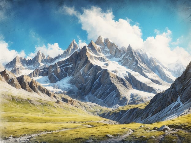 Auf dem Bild ist die atemberaubende Natur der Berge zu sehen. Massive, schneebedeckte Gipfel erheben sich majestätisch unter einem klaren, blauen Himmel mit einigen Wolken. Im Vordergrund erstreckt sich eine grüne Wiese, durchzogen von einem kleinen Pfad, der die wilde Schönheit dieser unberührten Landschaft unterstreicht. Die Kombination aus schroffen Felsen und sanften Weiden schafft ein beeindruckendes Landschaftsbild.