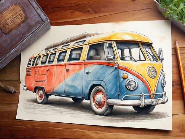 Auf dem Bild ist eine künstlerische Darstellung eines farbenfrohen Volkswagen-Busses zu sehen. Besonders für Gäste könnten Aktivitäten wie:

1. **Kunstworkshops**: Hier können Gäste lernen, eigene Zeichnungen oder Malereien zu erstellen, inspiriert von diesem Fahrzeug.
2. **Fahrten in Oldtimern**: Organisierte Touren mit solchen VW-Bussen könnten ein aufregendes Erlebnis bieten.
3. **Fotografie-Ereignisse**: Plätze für Fotoshoots mit dem Bus könnten eingerichtet werden, um tolle Erinnerungen festzuhalten.

Diese Aktivitäten könnten den Aufenthalt für Gäste bereichern und besondere Erlebnisse bieten.