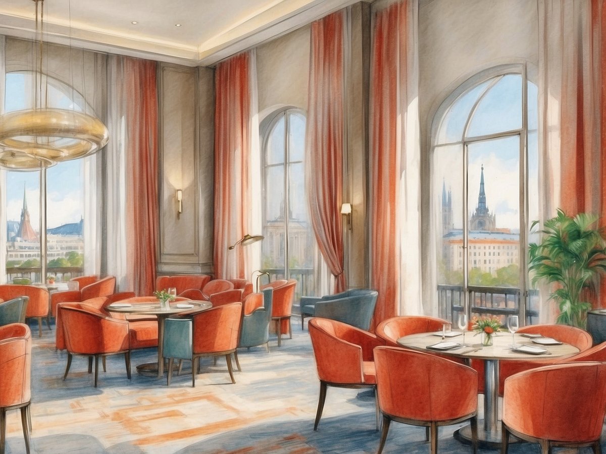 Ein elegantes Restaurant im Leonardo Hotel Munich City South mit stilvollen, roten und blauen Sesseln sowie runden Tischen. Große Fenster bieten einen Blick auf die Stadt und lassen viel Tageslicht herein. Die Wände sind mit hellen Vorhängen dekoriert, und es sind kleine Pflanzen auf den Tischen platziert. Die Atmosphäre ist gemütlich und einladend.