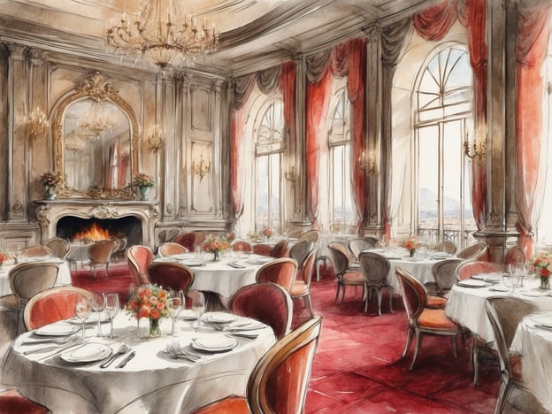 Auf dem Bild ist ein elegantes Restaurant in einem Hotel zu sehen. Der Raum ist geschmackvoll dekoriert mit roten Vorhängen, einem großen Kristalllüster und opulenten Wänden, die das schöne Ambiente unterstreichen. 

Die Tische sind stilvoll eingedeckt, mit weißen Tischdecken, Tellern und Gläsern, und in der Mitte jeden Tischs befinden sich hübsche Blumengestecke. Ein Kamin sorgt für eine gemütliche Atmosphäre, während große Fenster für viel Tageslicht sorgen und einen Blick auf die Umgebung ermöglichen. 

Ein Dining-Erlebnis in einem solchen Hotelrestaurant verspricht nicht nur erstklassiges Essen, sondern auch ein unvergessliches Ambiente für besondere Anlässe oder romantische Dinner.