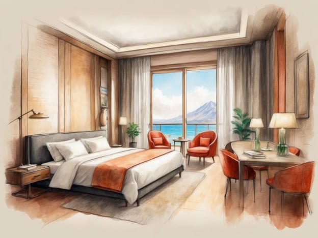 Auf dem Bild ist eine elegante Hotelzimmer-Skizze zu sehen, die an die Zimmer und Suiten in den NH Hotels Collection erinnert. Der Raum ist modern und hell gestaltet und verfügt über ein großes Bett mit weißen und orangefarbenen Akzenten. Neben dem Bett steht ein Nachttisch mit einer Lampe. An einem Tisch befinden sich mehrere rote Stühle, die einladend wirken. Die großen Fenster bieten einen atemberaubenden Blick auf einen malerischen Berg und das Meer, was die entspannende Atmosphäre des Zimmers verstärkt. Pflanzen und warme Lichtquellen tragen zur Gemütlichkeit bei.