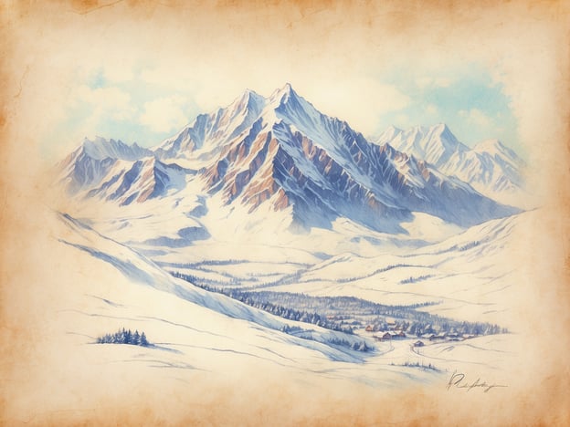 Das Bild zeigt eine eindrucksvolle Winterlandschaft, die in sanften Aquarellfarben gehalten ist. Es vermittelt eine ruhige und friedliche Atmosphäre, die den Betrachter in die winterliche Bergwelt entführt.

Im Vordergrund sieht man schneebedeckte Hügel, die sanft in die Ferne verlaufen. Dominierend ist das majestätische Bergmassiv im Hintergrund, dessen Gipfel schroff und imposant aus dem Schnee herausragen. Die Farben sind überwiegend in Blau- und Weißtönen gehalten, was die Kühle der Winterlandschaft unterstreicht. In der unteren Bildmitte erkennt man eine kleine Siedlung mit mehreren, teilweise verstreuten Häusern, die von einer kahle Waldfläche umgeben sind. Die gesamte Komposition schafft ein harmonisches Gleichgewicht zwischen der rauen Natur und der besiedelten Umgebung.