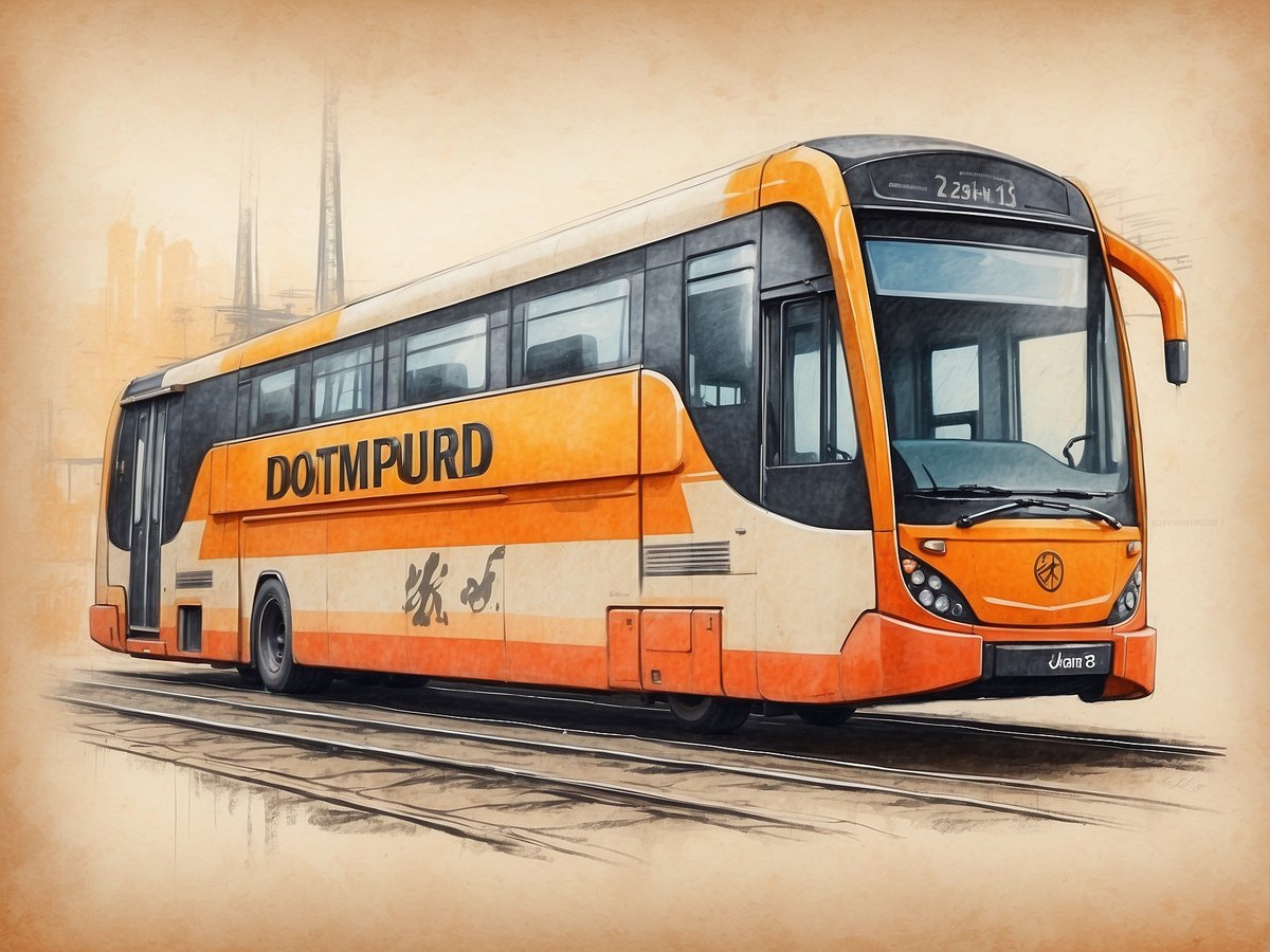 Auf dem Bild ist ein orange-weißer Bus mit der Aufschrift DOTMPURD zu sehen. Der Bus steht auf einer Schiene und im Hintergrund sind unscharfe Gebäude oder Türme zu erkennen. Die Darstellung wirkt künstlerisch und zeigt den Bus in einer leicht stilisierten Form.