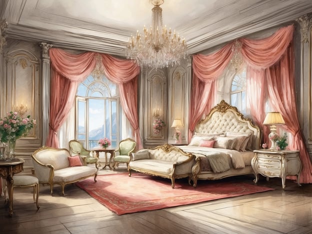 Auf dem Bild ist ein luxuriöses Hotelzimmer zu sehen. Es ist elegant und opulent eingerichtet. Die Ausstattung umfasst:

- Ein großes, gepolstertes Doppelbett mit reich verzierten Elementen.
- Weiche Kissen und eine romantische Bettdecke.
- Zwei stilvolle Sessel in hellem Grün, die um einen kleinen Tisch gruppiert sind.
- Ein ausgefallener Kronleuchter, der für eine gemütliche Beleuchtung sorgt.
- Fenster mit eleganten, rosafarbenen Vorhängen, die viel Tageslicht hereinlassen und einen schönen Ausblick auf die Landschaft bieten.
- Blumenarrangements, die dem Raum eine frische und einladende Atmosphäre verleihen.
- Ein edler Teppich, der den Boden schmückt und dem Zimmer zusätzlichen Komfort verleiht.

Die gesamte Gestaltung vermittelt ein Gefühl von Luxus und Raffinesse.