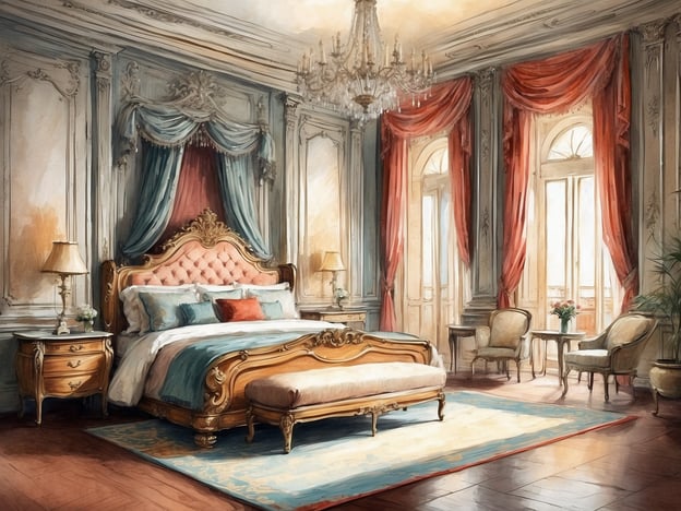 Auf dem Bild ist ein elegantes Schlafzimmer zu sehen, das mit antikem Mobiliar im klassischen Stil eingerichtet ist. Es gibt ein opulentes Himmelbett mit einer gepolsterten Kopfteil, das in sanften Farben gestaltet ist. Neben dem Bett stehen stilvolle Nachttische mit Lampen. Die Wände sind reich verziert, und große Fenster lassen viel Licht herein, was durch die eleganten Vorhänge ergänzt wird. Ein gemütlicher Sessel und ein Tisch befinden sich gegenüber dem Bett, was zur Gemütlichkeit des Raumes beiträgt. Solch eine Einrichtung könnte gut in einem Zimmer des NH Hotels Collection Palacio De Aranjuez zu finden sein, das für seinen stilvollen und luxuriösen Komfort bekannt ist.