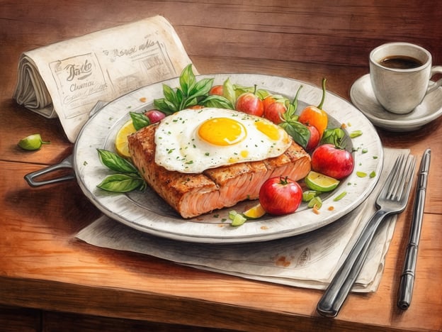 Auf dem Bild ist ein köstlicher Teller mit gegrilltem Lachs zu sehen, der mit einem Spiegelei garniert ist. Dazu gibt es frische Tomaten und Kräuter, die das Gericht auf ansprechende Weise ergänzen. Diese Kombination könnte wunderbar zu einem kulinarischen Erlebnis im NH Palacio de Burgos passen, wo die Gäste mit vielfältigen und geschmackvollen Speisen verwöhnt werden. Ein aromatischer Kaffee im Hintergrund rundet das Erlebnis ab und lädt zu einem entspannten Frühstück oder Brunch ein.