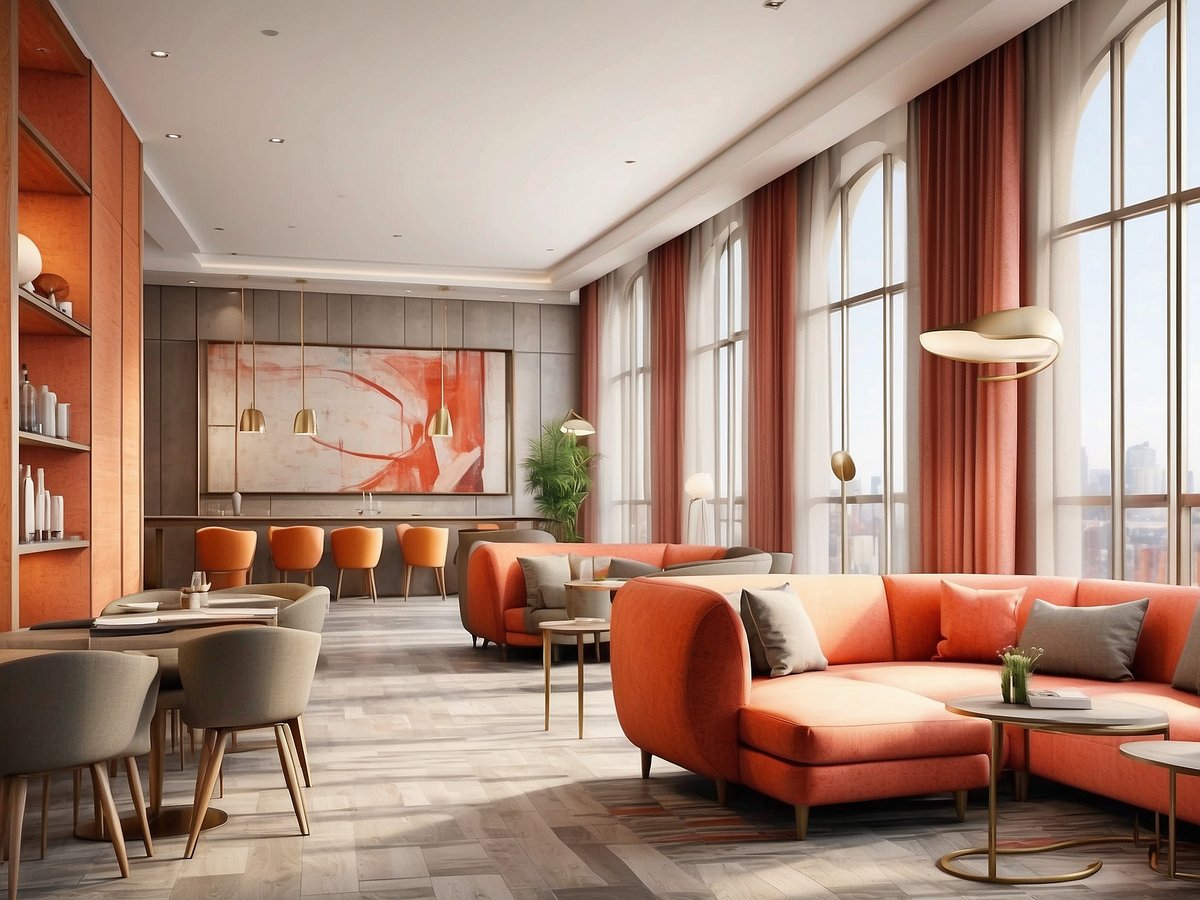 Moderne Lounge im Leonardo Hotel Hamburg City Nord mit hellen Fenstern, die viel Tageslicht hereinlassen. Die Einrichtung umfasst orangefarbene Sofas und Stühle sowie stilvolle Beistelltische. An den Wänden hängen dekorative Kunstwerke und es gibt eine offene Theke mit eleganten Pendelleuchten. Pflanzen und Vorhänge in sanften Farben ergänzen das gemütliche Ambiente. Holzfußboden mit ansprechendem Muster rundet das ansprechende Innendesign ab.